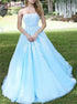 Sky Blue Strapless A Line Tulle Prom Dress with White Appliques LBQ2485